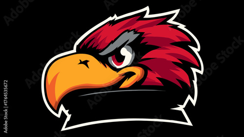 Powerful red bird head mascot with fierce expression and sharp beak, stylized graphic design element for team sports or branding.