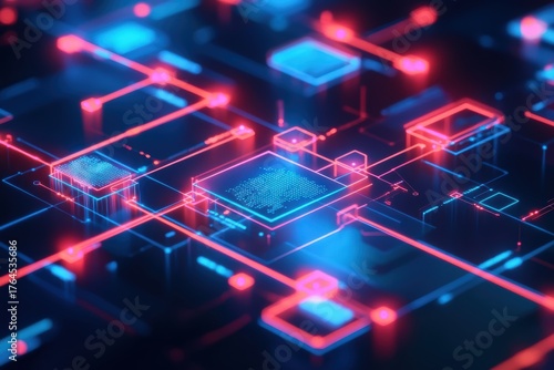 Futuristic Circuit Board Design with Glowing Red and Blue Lights for High Tech Aesthetics.