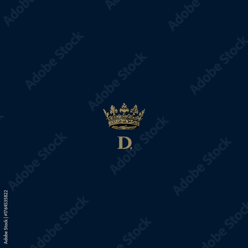 Elegant golden crown with initial letter D on a rich dark blue background, luxury monogram design element, royal emblem