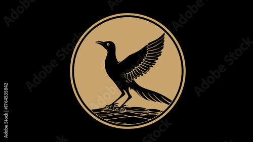 Elegant black bird silhouette illustration in a gold circular frame against a dark background, vintage style avian logo design
