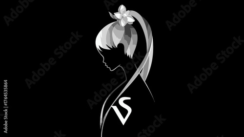 Elegant woman's profile silhouette with a flower in her long ponytail, sophisticated monochrome graphic design on black.