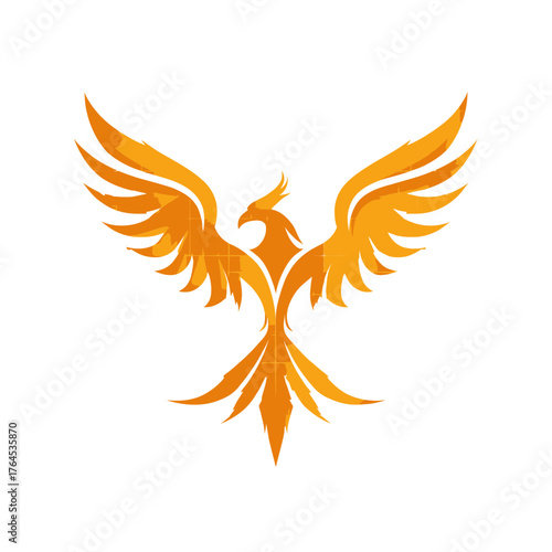 Stylized golden phoenix rising, mythical firebird emblem. Majestic orange avian design, power and rebirth symbol, vector graphic.