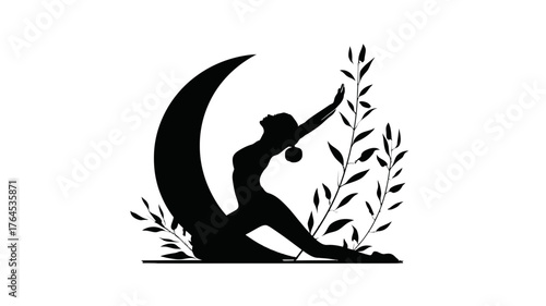 Elegant silhouette of a woman in a graceful yoga pose, framed by a crescent moon and delicate botanical elements, symbolizing tranquility and wellness.