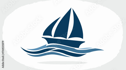 Stylized Blue Sailboat Sailing on Ocean Waves Vector Illustration. Nautical Sea Voyage Graphic Design Element Icon.