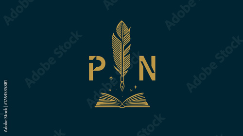 Elegant Golden Quill Pen and Open Book Logo with Initials P N, Vintage Writing Literature Publishing Design Concept