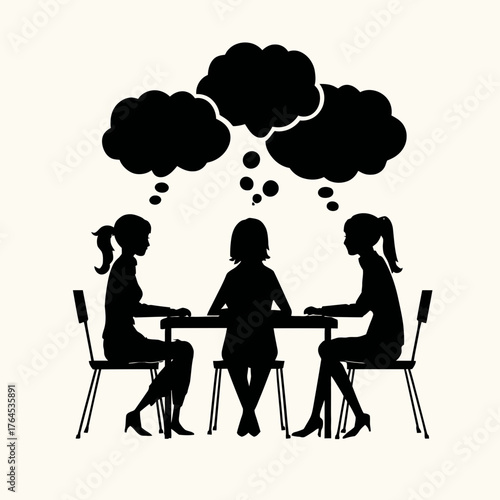 Group of three women silhouettes discussing, brainstorming, and sharing ideas at a table with thought bubbles. Communication concept.