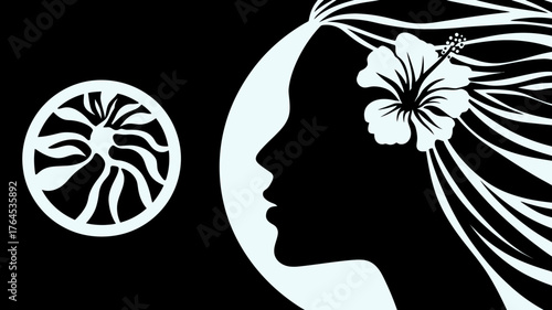 Tropical woman silhouette with hibiscus flower and flowing hair on dark background, graphic vector illustration, elegant Hawaiian design