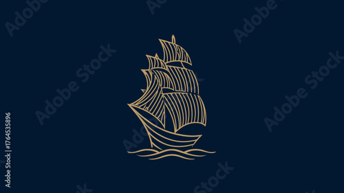 Minimalist golden outline of a majestic tall ship with billowing sails on a deep blue background. Vintage maritime travel, adventure, and exploration concept.