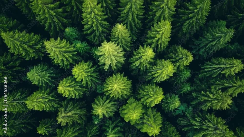 Aerial top down view of pine forest trees