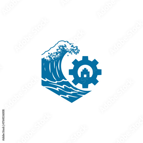 Blue Hexagonal Icon: Ocean Wave and Gear Symbol for Marine Technology, Water Energy, Environmental Engineering, or Process Innovation