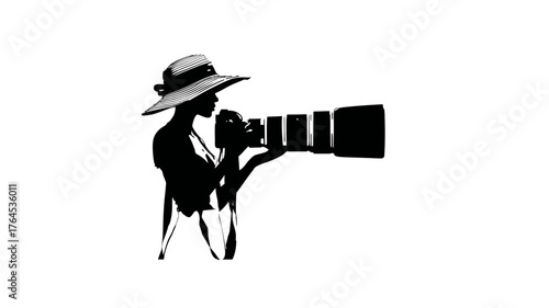 Stylish female photographer silhouette in a hat, holding a professional telephoto lens, concept of photography, media, and journalism.