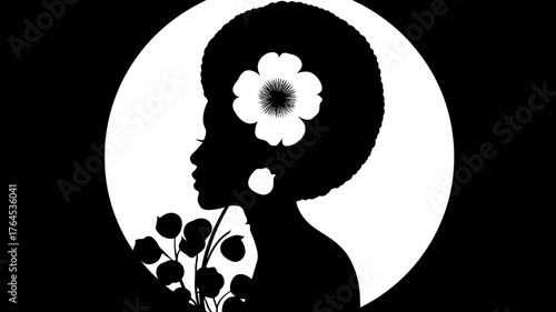 Graceful Woman Silhouette with Afro Hairstyle and Flower. Retro Inspired Graphic Design, Profile View Illustration