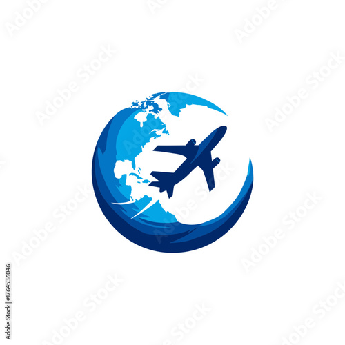 Global travel concept with airplane circling a stylized blue earth, representing flight, worldwide transport, and international journeys.