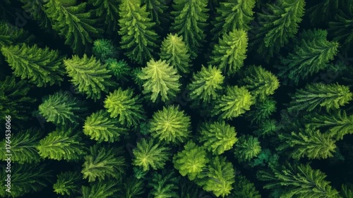 Aerial top down view of pine forest trees