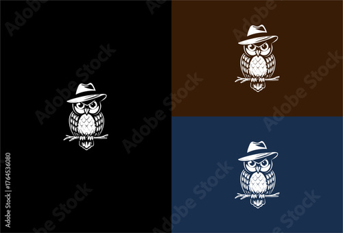 White owl wearing a fedora perched on a branch against varied backgrounds