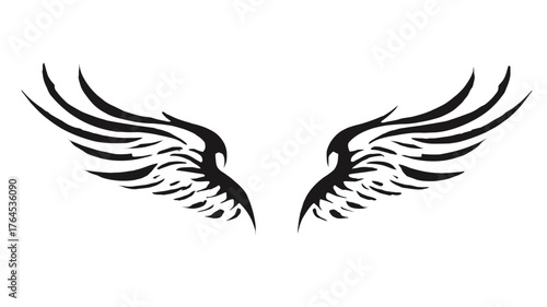 Stylized black wings graphic isolated on white background. Elegant bird or angel feather design element for freedom, flight, and spiritual concepts.