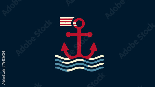 Abstract nautical anchor design with red and blue stripes and waves on a deep blue background, maritime travel concept