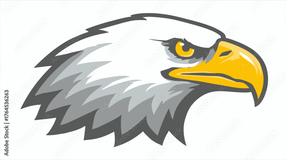 Obraz premium Powerful eagle head illustration, vector art of majestic bird of prey, white feathers, yellow beak, wild animal mascot design