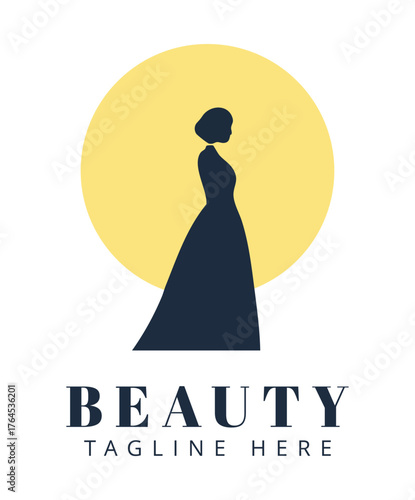 Woman in Gown Silhouette Against Yellow Circle Logo beauty