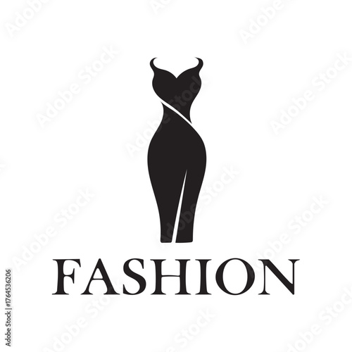Black silhouette of a formal dress with the word FASHION clothing