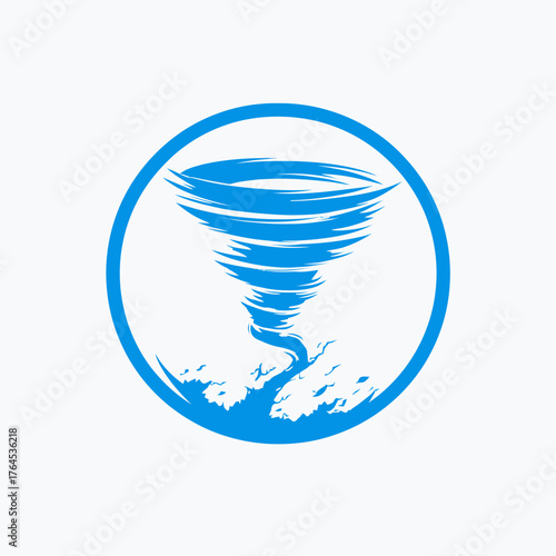 Dynamic blue tornado or whirlwind vector icon in a circular frame, symbolizing powerful weather, storm, or natural disaster
