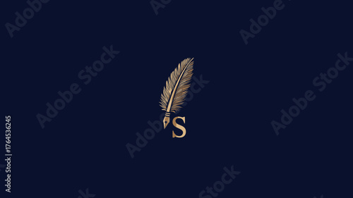 Golden Quill Feather with Letter 'S' on Dark Blue Background, Elegant Minimalist Design for Writing, Literature, and Education