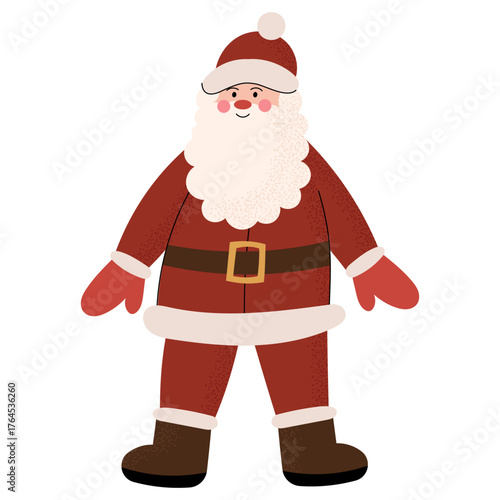 Cute Santa Claus standing and smiling. Flat vector illustration of jolly Father Christmas character for winter holiday cards, decorations and festive projects.