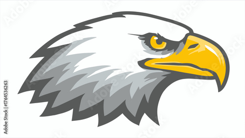 Powerful eagle head illustration, vector art of majestic bird of prey, white feathers, yellow beak, wild animal mascot design