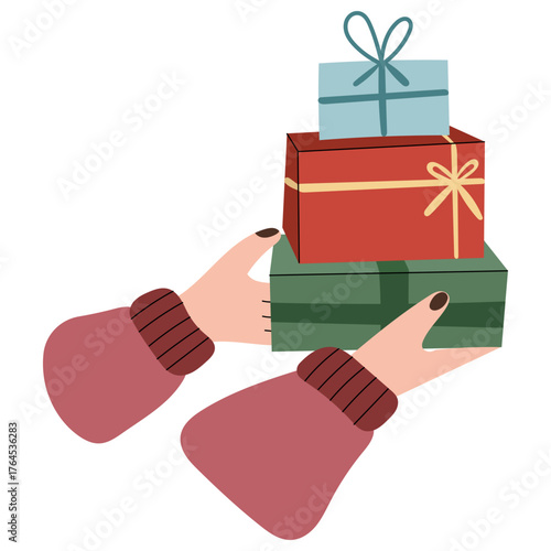 Female hands in cozy sweater sleeves holding stack of colorful wrapped Christmas gifts. Human hands giving present, for Christmas, Valentine, Anniversary theme and background. 
