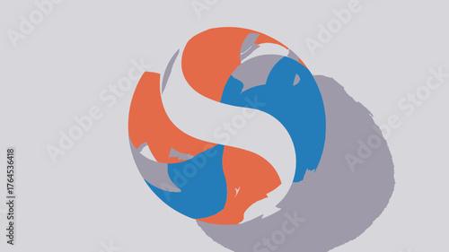 Dynamic graphic illustration of an abstract sport ball with orange, blue, and white segments and a cast shadow on a light background, symbolizing energy and play.