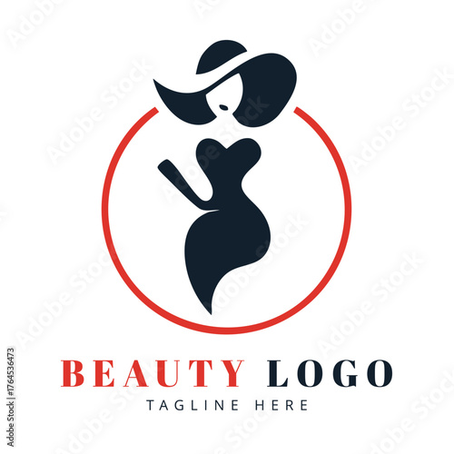 Elegant Woman Silhouette in Hat and Dress with Red Circle Logo beauty