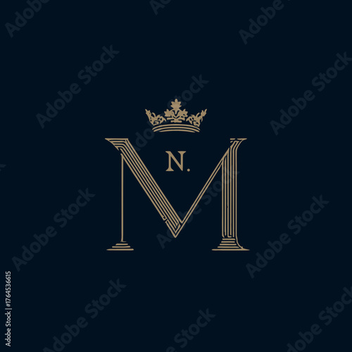 Elegant gold letter M monogram with a royal crown and N initial on a dark blue background, classic luxury emblem design.