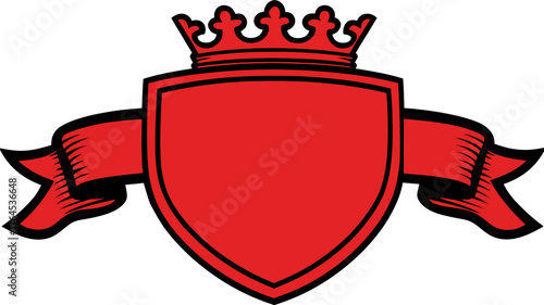 Royal Red Heraldic Shield Emblem with Crown and Vintage Scroll Banner. Blank Award Crest, Badge or Design Element Template.