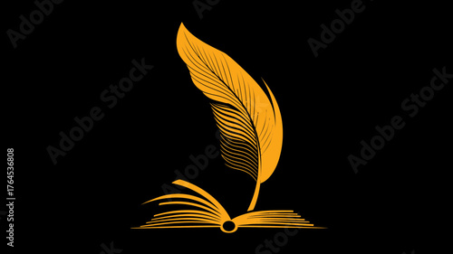 Elegant golden feather quill pen writing on an open book against a dark background, symbolizing literature, knowledge, and education.