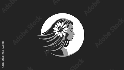 Elegant monochrome vector illustration of a woman's profile with long, flowing hair and a delicate flower, minimalist beauty concept.