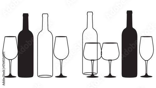 Wine bottles and glasses vector illustration simple black and white line art perfect for restaurant menus and wine lists