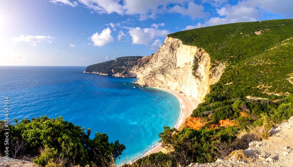 Fototapeta premium A coastal view of cliffs, a vibrant turquoise sea, and lush greenery under a partly cloudy sky