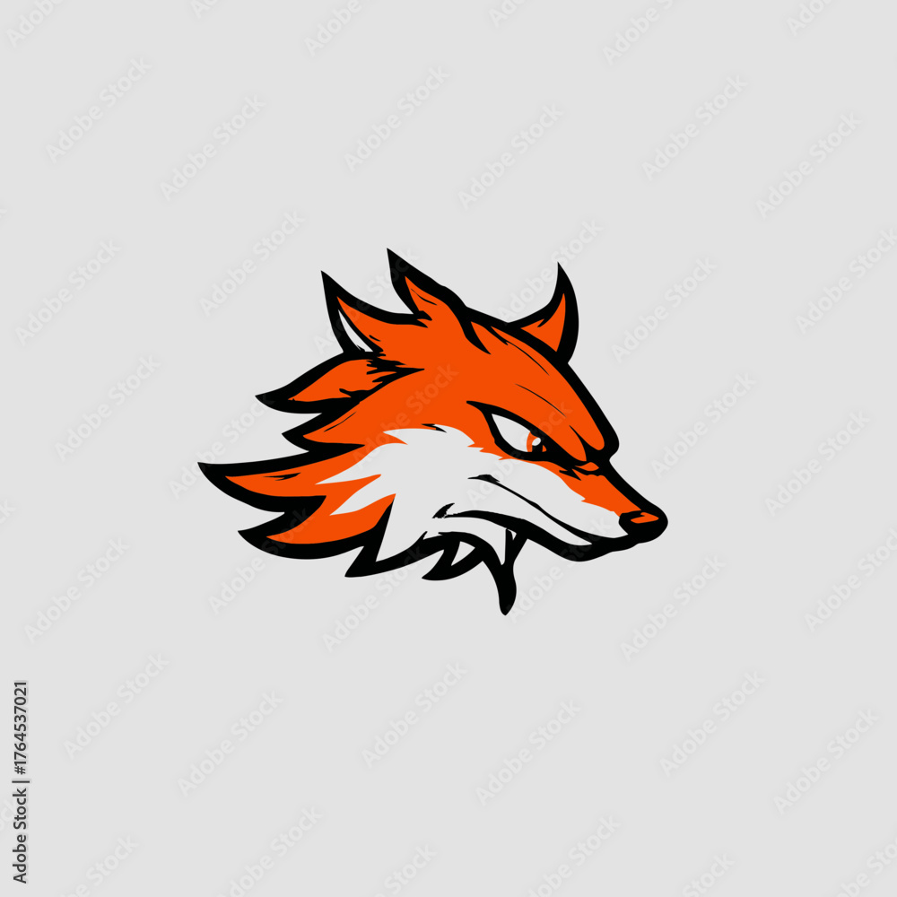 Obraz premium Illustration of an aggressive orange and white fox head. Stylized wild animal mascot design for logos, gaming, and branding.