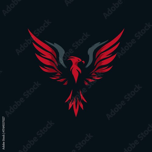 Stylized Red and Dark Grey Phoenix Bird Logo Concept with Outstretched Wings, Powerful Mythical Creature Emblem Design