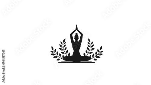 Serene Yoga Meditation Silhouette Vector Graphic with Natural Leaf Elements for Wellness, Peace, Balance, and Spiritual Harmony.
