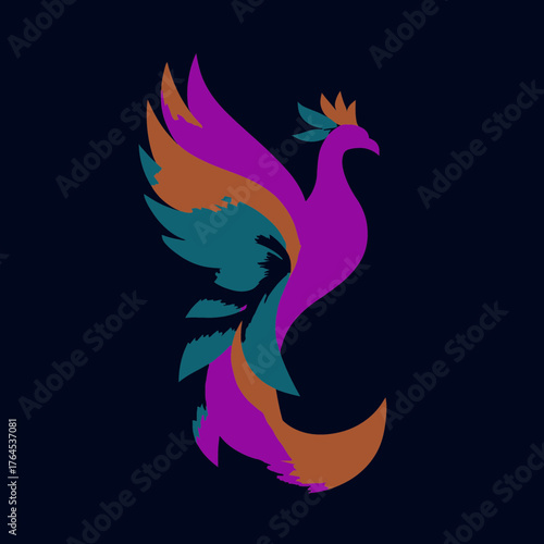 Stylized Colorful Phoenix Vector Illustration on Dark Background - Mythical Bird of Rebirth, Strength, and Transformation