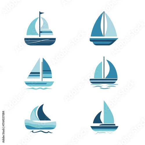 Set of stylized blue sailboat icons. Vector collection for nautical themes, ocean travel, water sports, marine leisure, and summer vacation designs.