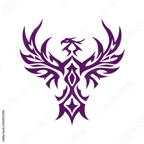 Stylized purple phoenix icon with elegant tribal details. Mythical firebird symbol of strength, rebirth, and resurrection.