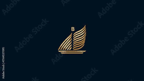 Luxurious golden abstract sailing emblem on dark blue. Elegant corporate icon, premium travel or business concept design element.