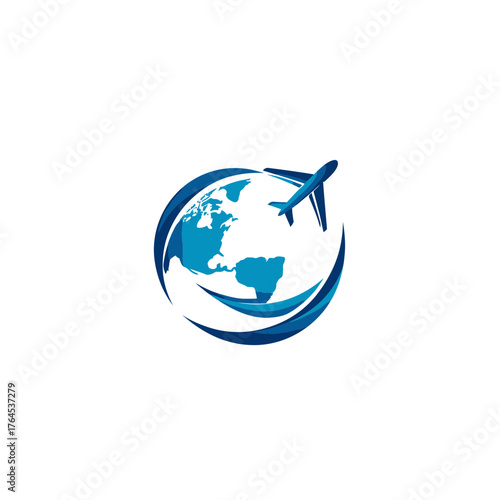 Global travel concept with airplane flying around the world map, symbolizing international transport, tourism, and worldwide business.