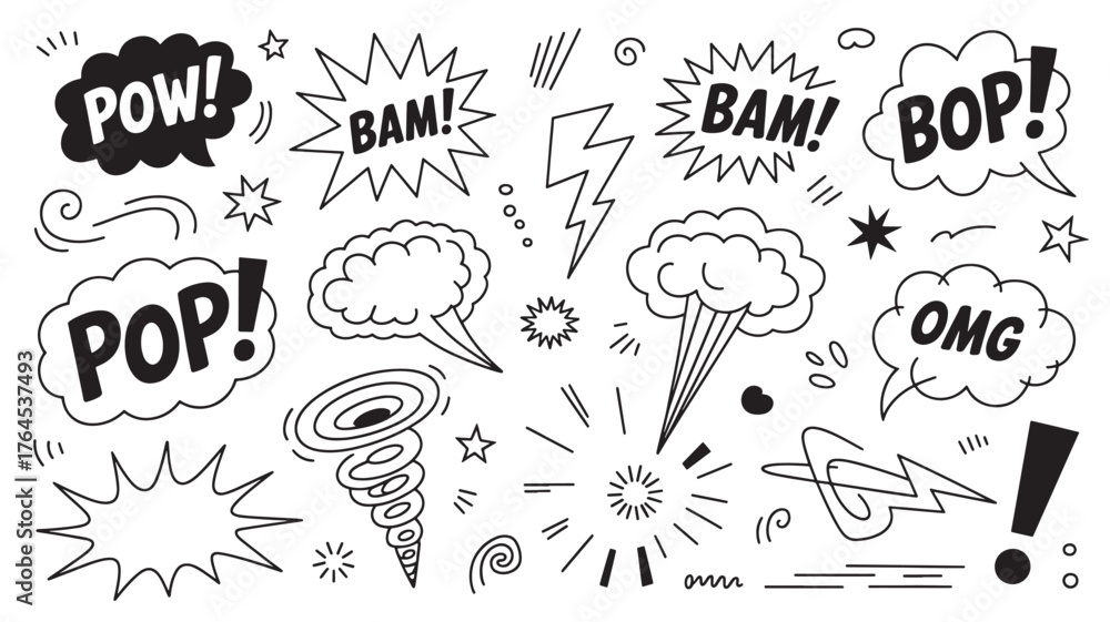 Naklejka premium Set of hand-drawn comic speech bubbles and sound effects vector doodle elements for graphic design isolated on white background