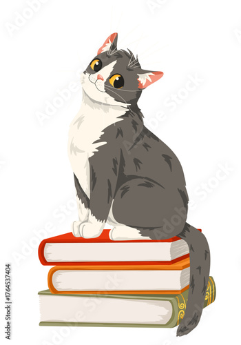 Grey and white cute cat is sitting on a stack of books. Domestic cat character design isolated on white background. Vector cartoon animal illustration for children’s books, stickers, print