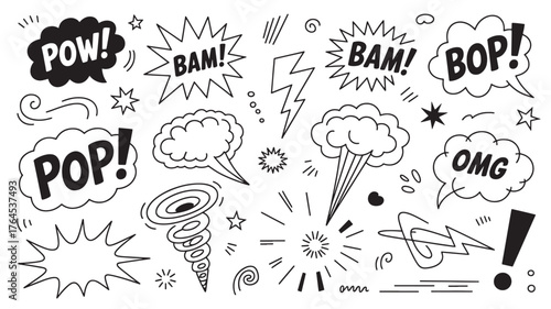 Set of hand-drawn comic speech bubbles and sound effects vector doodle elements for graphic design isolated on white background
