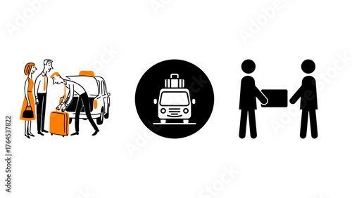 Stylish travel illustration with woman and luggage boarding a bus for summer vacation adventures, perfect for tourism marketing and vacation planning concepts