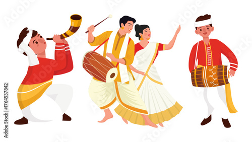 Celebrate vibrant Bengali culture with joyful musicians playing traditional instruments during Pohela Boishakh festival, expressing rich heritage and festive cheer